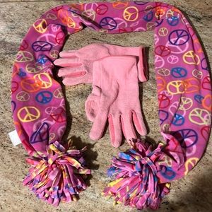 Claire’s Peace Sign Scarf and Pink Knit Gloves. One Size.